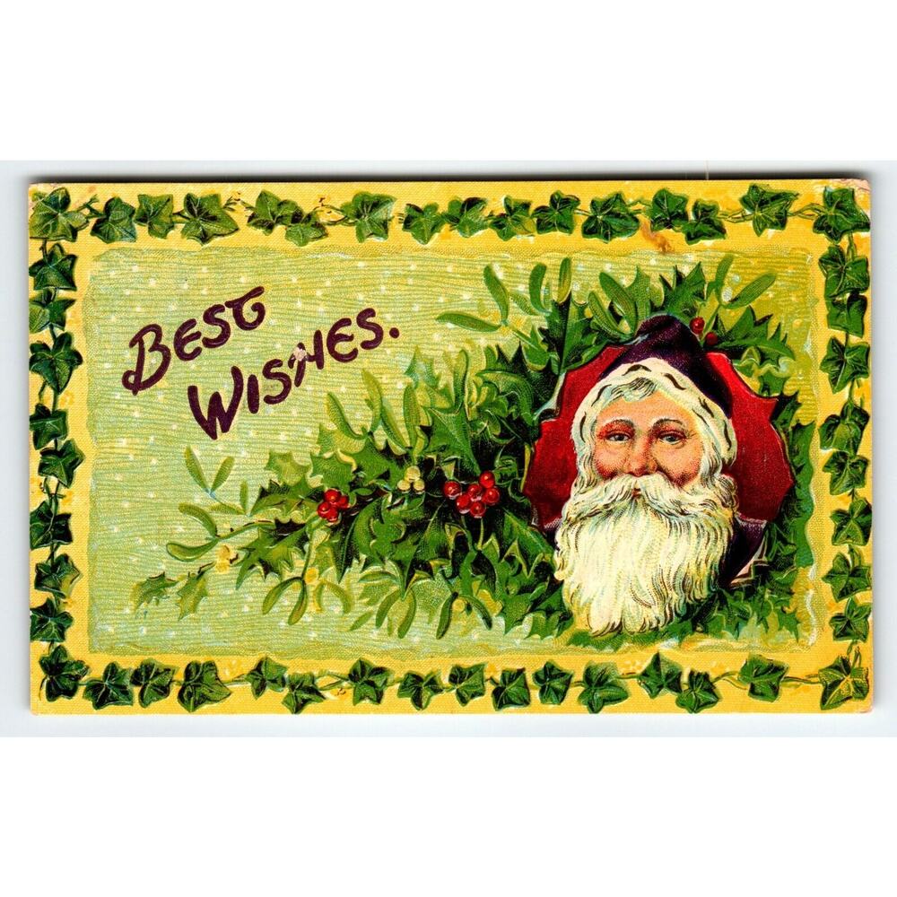 Santa Claus Christmas Postcard Purple Hat Holly Leaf Germany Series2236 Embossed